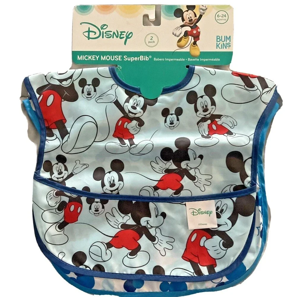Disney Bum-kins Mickey Mouse Super Bib w/FoodCatcher Pouch 6-24 Months 2 Pack